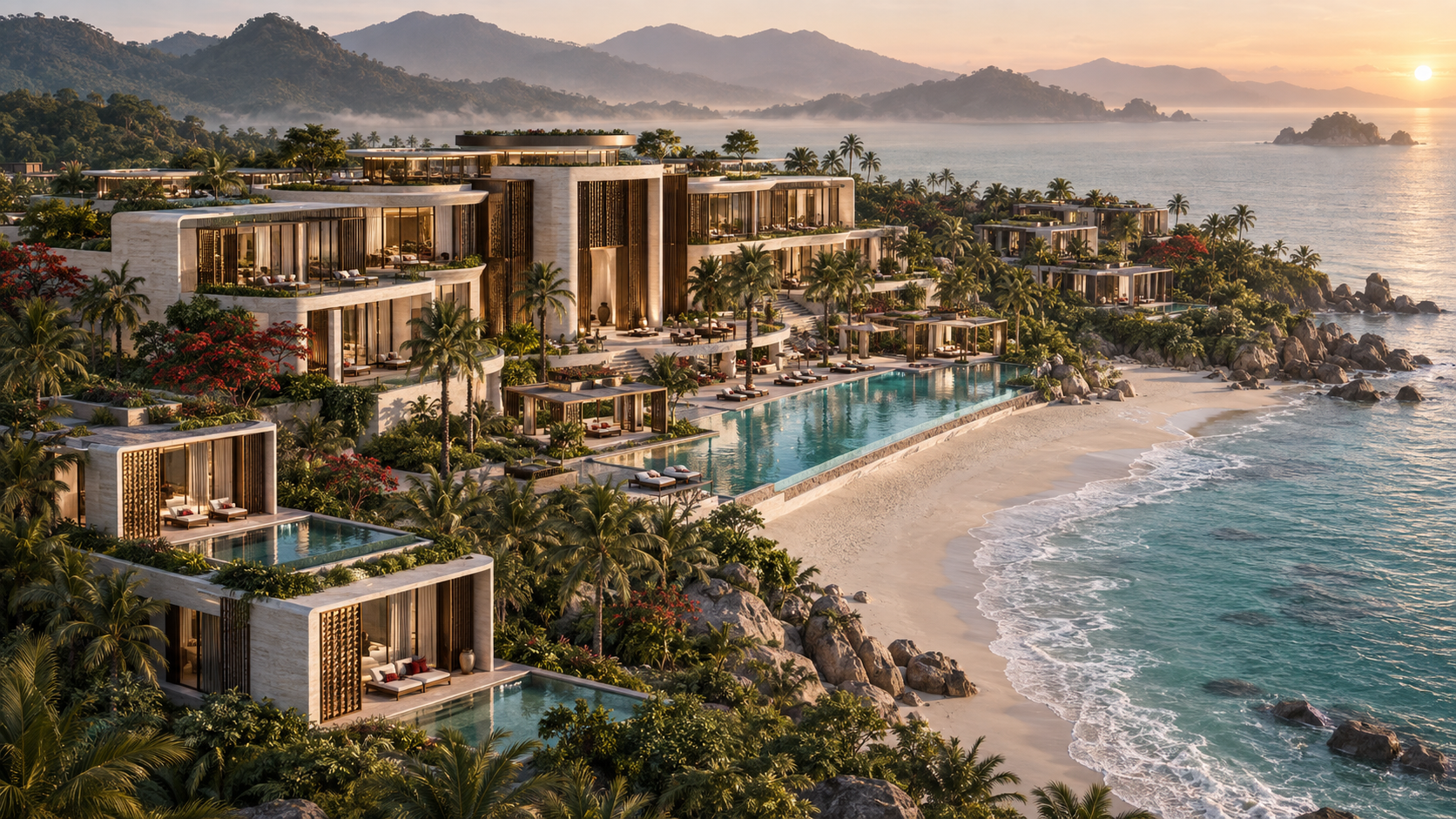 AI-generated architectural concept: Coastal hotel & residences; not an approved design