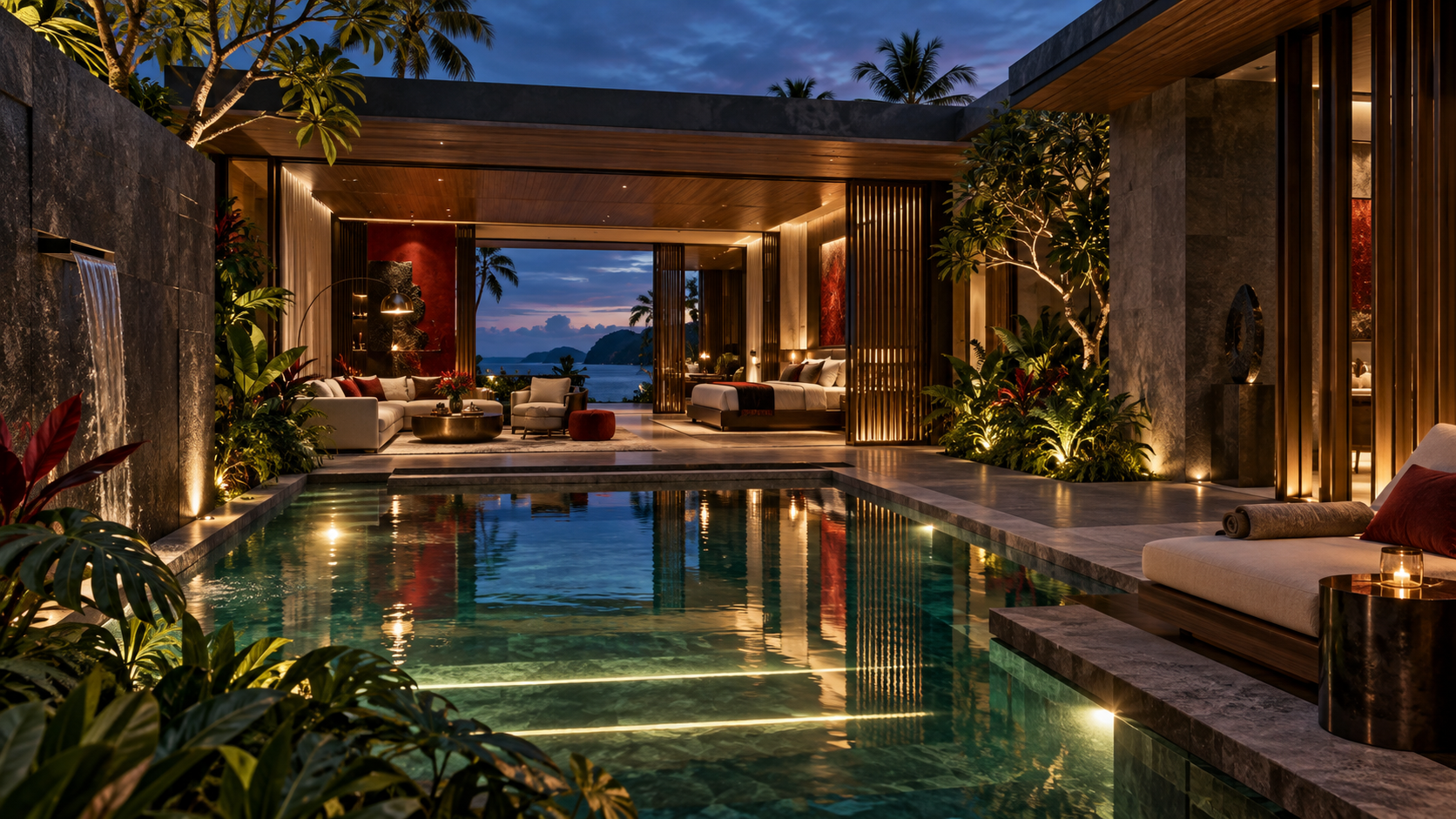 AI-generated architectural concept: Coastal private villas; not an approved design
